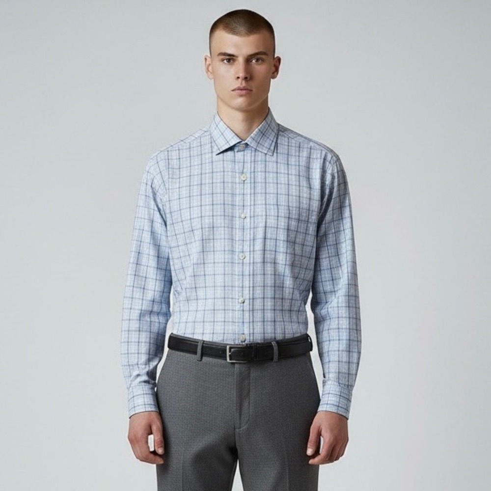 Brooks Brothers Dress Shirt Mens 15.5 Blue Check Classic Non-Iron Supima Cotton